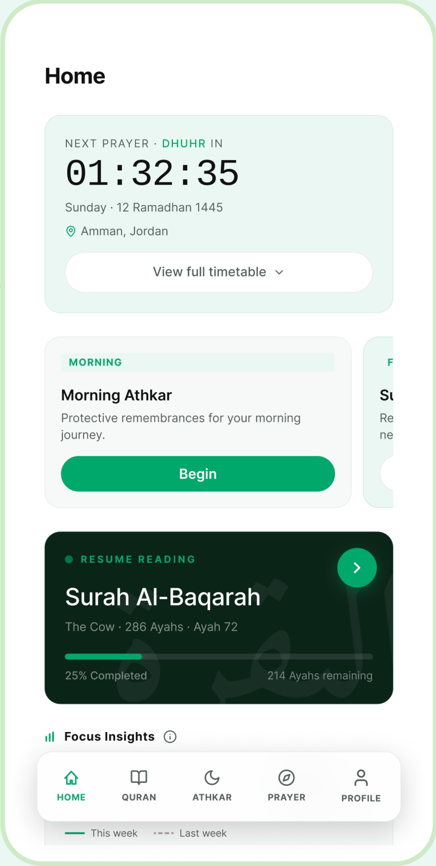 Hudai home screen showing prayer times, morning adhkar, and Quran reading progress
