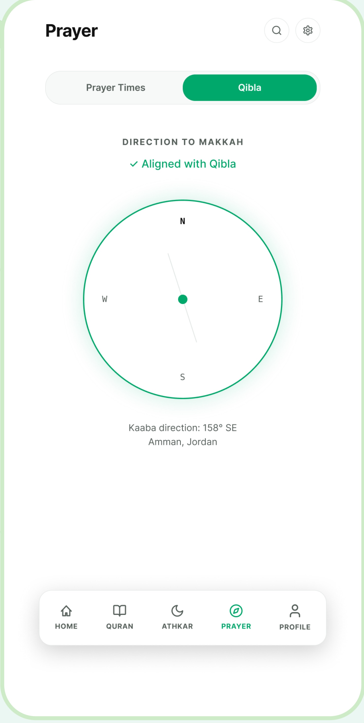 Qibla compass screen showing direction to Makkah
