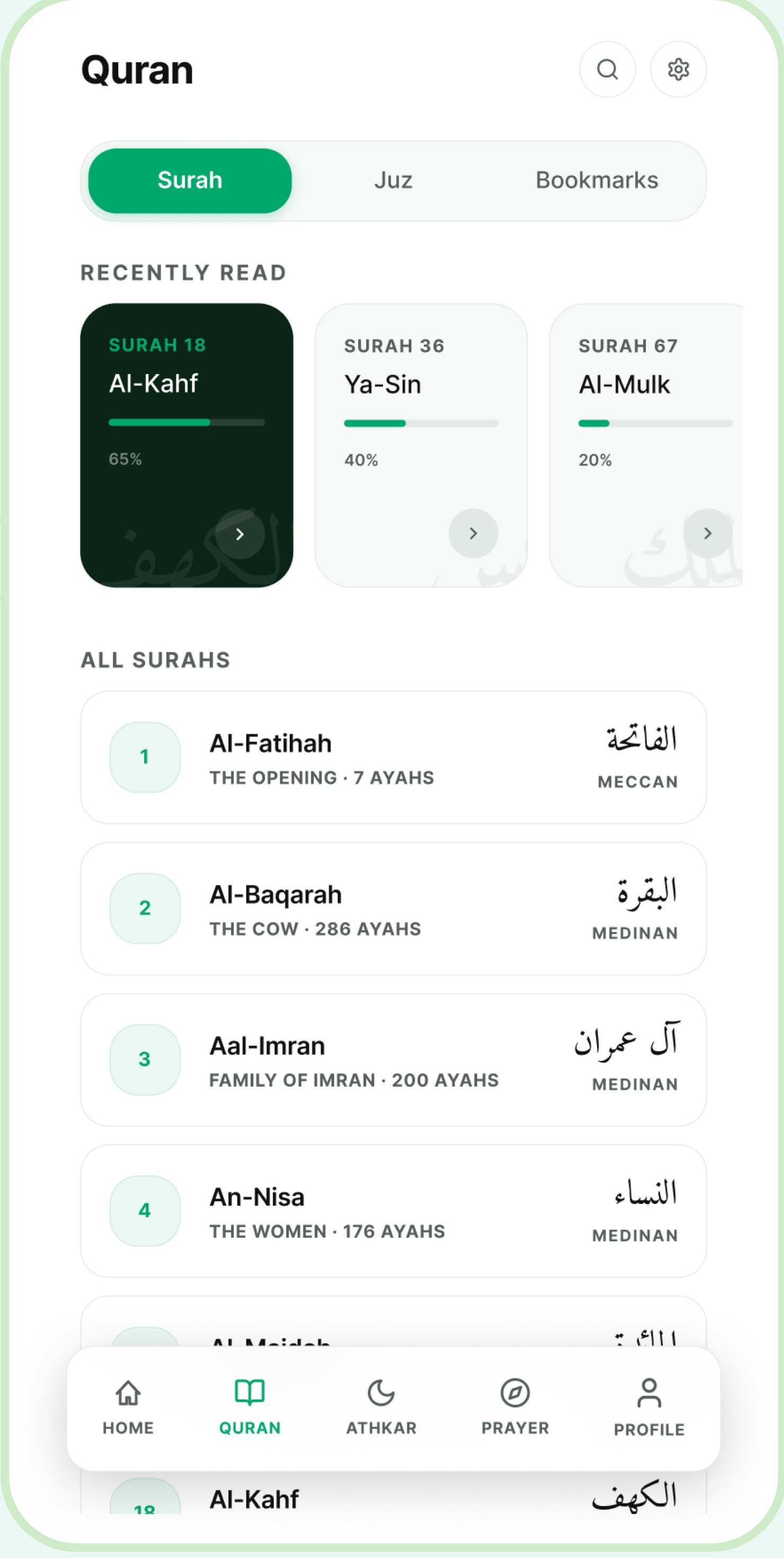 Quran reading screen with surah list, bookmarks and reading progress